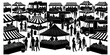 © Me`o - A bustling outdoor farmers market scene with vendors shoppers and food trucks presented as a silhouette on transparent background high quality