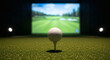 © jendralbiribiri - A crisp white dimpled golf ball sits perfectly poised atop a slender white tee ready for impact on artificial turf facing a simulator screen.