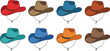 © Shorif - Colorful cowboy hat vector set featuring western style headwear icons for rodeo country music and wild west design, 18 words