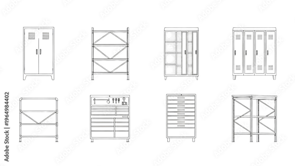 Various types of storage units and shelving systems with front view ...