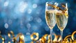 © savittree - Celebratory Champagne Glasses with Bokeh Background and Colorful Streamers for New Year or Special Occasion