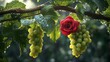 © Chaikit - Realistic rendering of grapevine branch holding plump green grapes with dew drops, with a vivid red rose nestled gently among the leaves