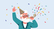 © Nur - Cheerful senior man with a white beard wearing a striped party hat and blowing a colorful noisemaker amidst falling confetti.