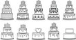 © fulbabu - Set of birthday cake silhouettes, tiered celebration cakes with candles, floral patterns, heart topper, and dripping icing vector illustrations for Adobe Stock.