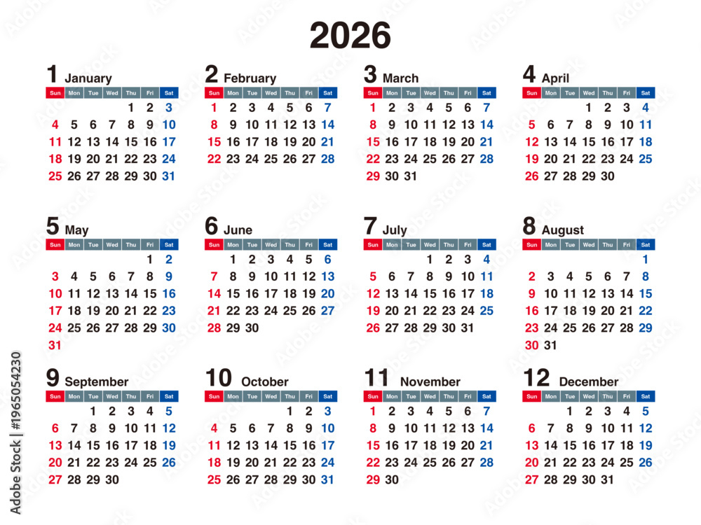 This is a full year 2026 calendar showing all twelve months in a clean ...