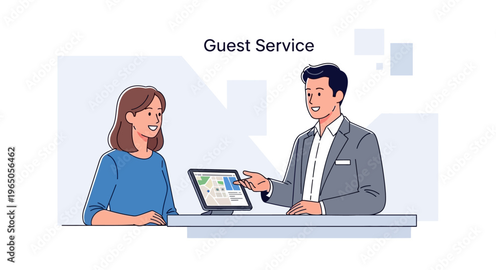 Stock-Vektorgrafik „Hotel staff assisting guest with tablet displaying ...