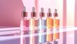 © vicky - Serum Bottle Reflection on Glass Surface, Pastel Background Luxury Beauty Concept