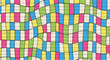 © KazeDor - Motif abstrait de grille ondulée avec des blocs de couleurs vives comme le rose, le bleu et le jaune sur un fond de lignes horizontales.