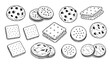 © MstMonisha - Hand drawn cookies biscuits and crackers outline vector set with assorted sweet and savory bakery snacks collection