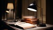 © Ameer - Late night study desk with lamp, books and notebook, warm cozy indoor learning workspace