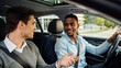 © Nina - Diverse male colleagues carpooling, talking and smiling during a sustainable morning commute