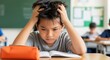 © Nina - Stressed young Asian boy student with learning difficulties struggling with schoolwork in classroom