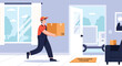 © Amie - Flat style vector illustration of mover carrying cardboard box into new home, relocation service and moving assistance concept in clean modern vector style