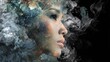 © backup_studio - Asian woman portrait with double exposure of abstract smoke and dark textures. Artistic digital composition blending human face with ethereal clouds. Concept of mystery and fantasy.