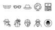 © no one - A collection of outline icons representing mystery, disguise, and identity elements like masks, hats, glasses, and makeup.