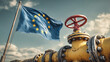 © Anoo - A European flag is seen waving beside a yellow gas pipeline featuring a red flow control valve in a natural outdoor setting under a clear sky