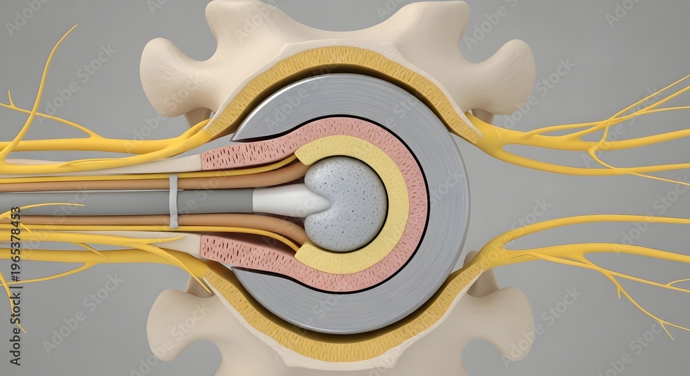 Intervertebral disc anatomy and spinal cord structure. Herniated disc ...