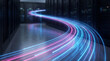 © Jacqueline - Dynamic light trails flowing through a server room, symbolizing rapid data transfer and network speed.