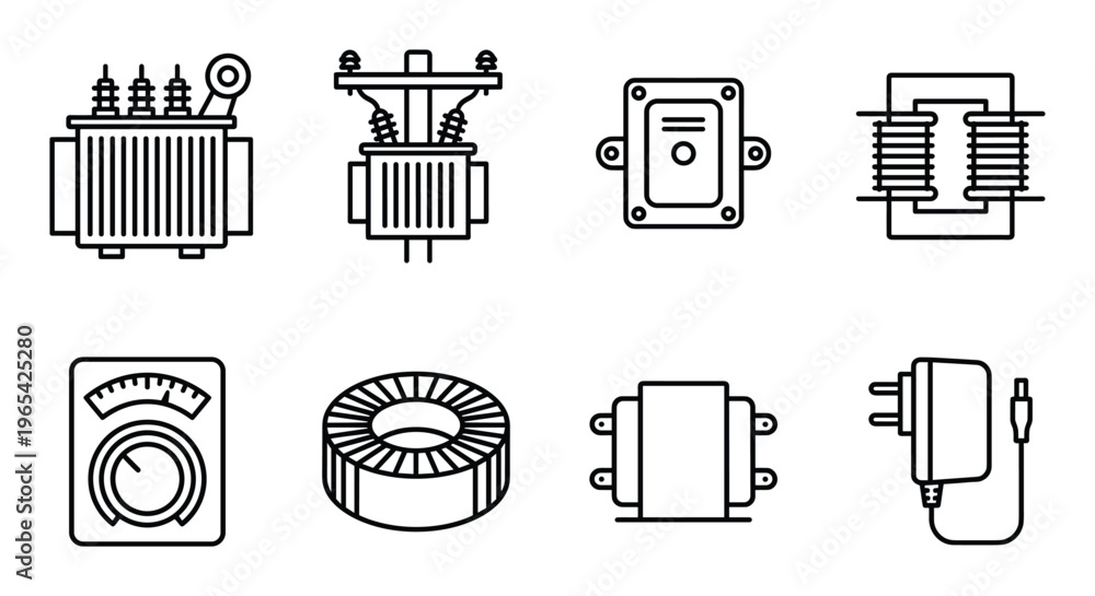 Set of transformer icons, such as electric transformer, power box ...