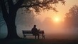 © Pete - Man sits on bench under large tree reading book at sunrise. Foggy park air creates atmosphere of peace and solitude. Calm morning light filters through mist.