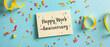 © Tatsiana - Bright and cheerful work anniversary sticker surrounded by colorful confetti and streamers on a lovely pastel background, perfect for celebration