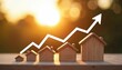 © Pete - Wooden house models grow in size with white arrow graph pointing up at sunset. Real estate market increases in value. Home ownership trend shows positive growth. Property investment benefits rising.