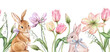 © Ekatmart - Seamless banner of Pastel pink light violet yellow bud Tulips and bunnies watercolor illustration isolated on background. Hand drawn spring perennial bulbous flower for spring border and Easter design