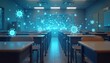 © Pete - Empty classroom with virus particles floating. Microbes spread between desks. School health and hygiene concept. Education safety measures. Pandemic threat.