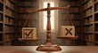 © Mujhid_Muneer - Wooden balance scale with checkmark and cross symbols on a desk in a library office representing legal decision making fairness and justice