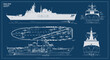 © Jsu - Technical Blueprint of a Modern Naval Warship showing Profile, Deck, and Elevation Views on Blue Grid Background