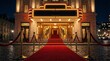© horizon - Beautifully restored vintage cinema entrance for exclusive corporate premieres displaying empty red carpets leading to golden ticket booths.