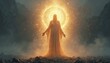 © Viktor - Mystical figure in golden light aura. Spiritual energy particles fill abstract cosmic scene. Divine being with open arms, radiating power and magic glow.