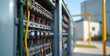 © Viktor - Electrical panel with many colored wires connected to relays and switches. Close-up of industrial power distribution box with visible complex circuitry. Power control system in building exterior.