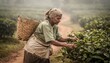 © Breezze - Senior woman harvesting tea leaves on a rural plantation with a wicker basket, editorial image of agricultural labor and patient traditional farming in a misty field