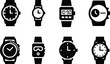 © SADDAM - Black silhouette vector icon set of diverse wristwatch designs including analog, digital, chronograph and dive styles, symbols isolated on white background grid