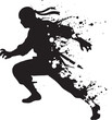 © khan - A black silhouette of a ninja warrior running with dynamic ink splashes