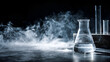© Neni - A chemistry lab still life with glassware, a triangular flask, and two tubes, shrouded in cool-toned, wispy vapor