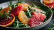 © Oksana_Tukane - Fresh citrus salad with sliced orange, grapefruit, and blood orange over green arugula. Vibrant and healthy vegan meal photography for nutrition and wellness lifestyle content.
