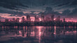 © hamuu - 雨の降る夕暮れの都市のスカイライン アニメ風のイラスト