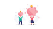 © Gias - Elderly couple holding up piggy banks of increasing size representing retirement savings growth and long-term financial planning.