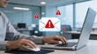 © Leo - Businessman typing on laptop with email warning alerts cybersecurity threat concept phishing attack spam virus data protection modern office background digital security internet