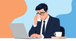 © Farhan - Distressed businessman in suit and glasses crying while sitting at laptop computer and wiping his eyes with a tissue.