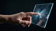 © Ludmila - Man touching glowing futuristic screen interface. Digital data visualization with light traces. Innovative technology concept for cybersecurity, virtual network and modern science research.