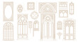 © FATEMA - Gothic architectural elements vector set, medieval cathedral window frames and ornate doors, beige vintage church arches and stone masonry details
