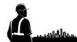 © MstRahela - 1 may, may day, Labor day icons representing international workers, silhouette of a builder engineer looking at city skyline, vector