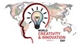 © MdTasnimulHasan - World creativity and innovation day lightbulb head with global map background with problem solving