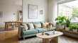 © Coosh448 - A light-filled Scandinavian apartment with a mint velvet sofa and layered linen cushions, an oval travertine coffee table, a framed city map mock-up print on the white wall, a tropical plant trio in