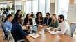 © Svitlana - A cheerful group of business professionals in a modern office gathered around a meeting table, bright smiles and engaged postures reflecting a productive and happy team environment, a diverse mix of