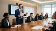 © Svitlana - A confident male business presenter standing before a seated team in a modern boardroom, sharing ideas from a document while the diverse group listens and takes notes, the organized energy of a