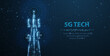 © NeonGridStudio - 5G telecom tower with glowing signal waves on blue background. Wireless communication, mobile network, internet connection, digital infrastructure, future technology concept. Vector illustration